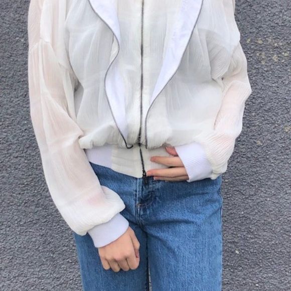 🤍 SUPERFINE Sheer White Ruffled Bomber Jacket - Picture 6 of 14